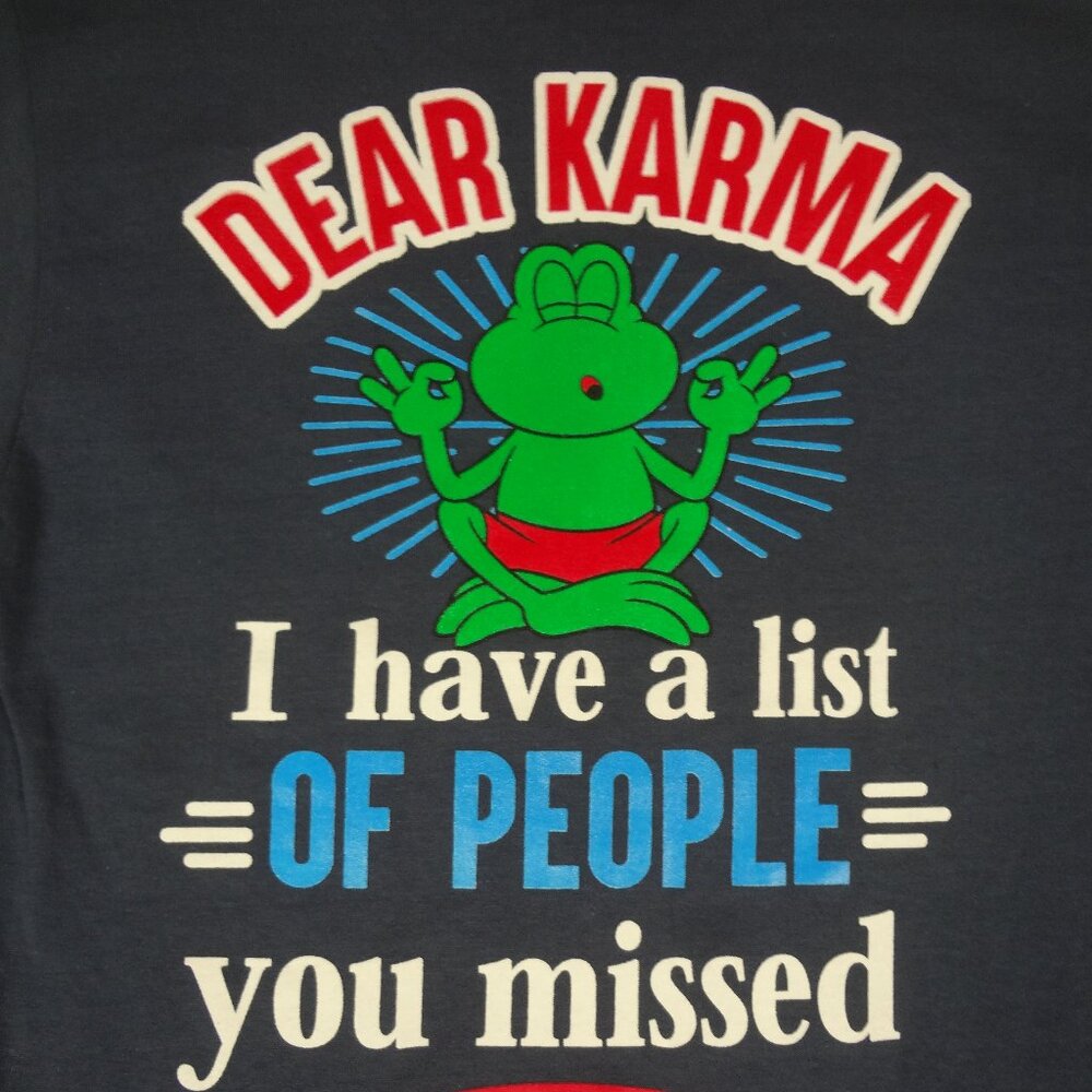 NWT SENOR FROGS DEAR KARMA LIST OF MISSED PEOPLE BLUE SMALL T-SHIRT L25